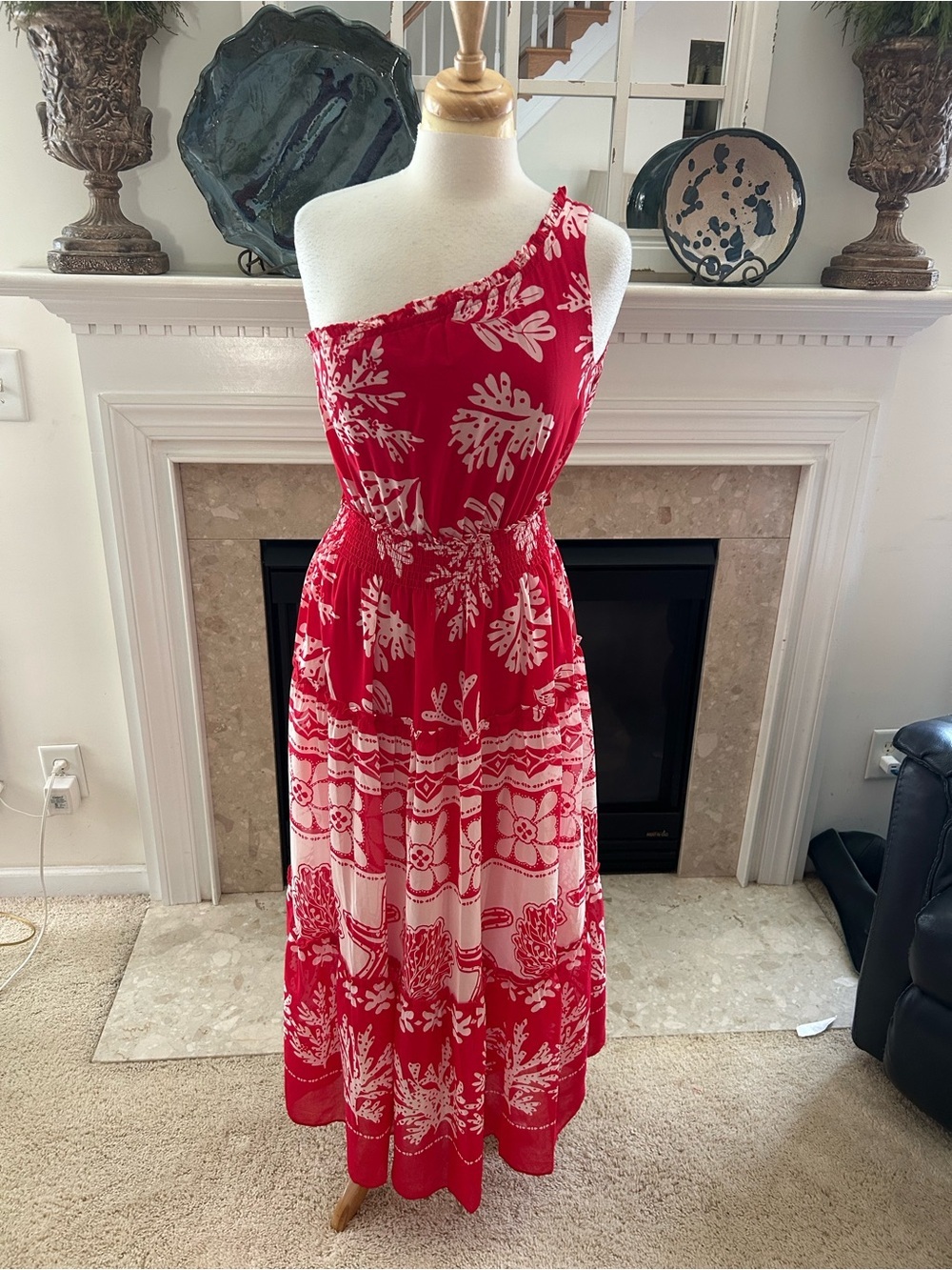 Taylor Red and White One-Shoulder Floral Dress